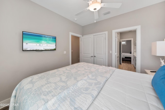 bedroom featuring a closet, visible vents, and a ceiling fan