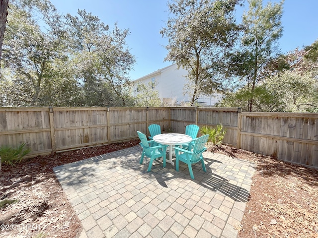 view of patio featuring a fenced backyard and outdoor dining area