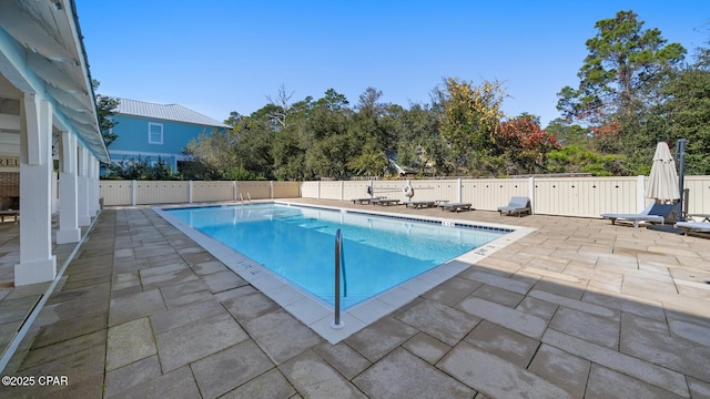 view of pool featuring a patio, a fenced backyard, and a fenced in pool