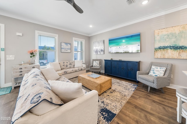 173 W Willow Mist Rd, Inlet Beach, FL 32461 - living room with crown molding, a ceiling fan, wood finished floors, baseboards, and recessed lighting
