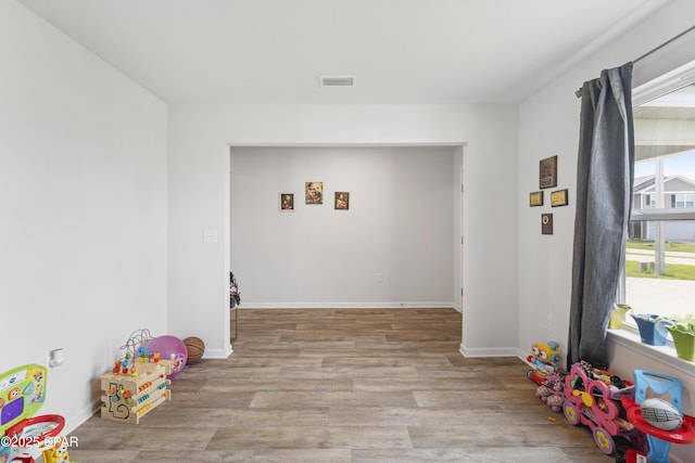 recreation room with light hardwood / wood-style floors