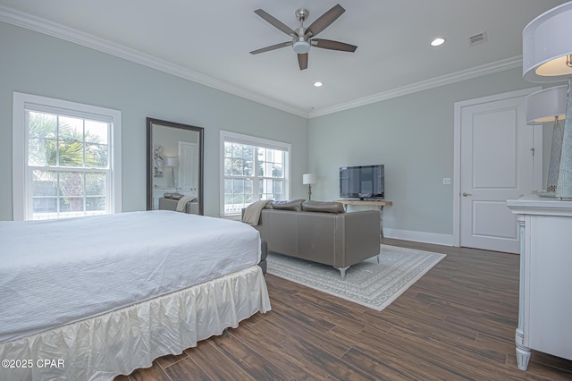 bedroom with dark wood-type flooring, ceiling fan, and ornamental molding