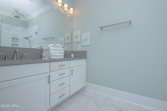 bathroom with crown molding, tiled shower, and vanity