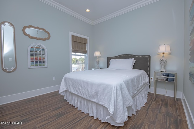 bedroom featuring ornamental molding and dark hardwood / wood-style floors