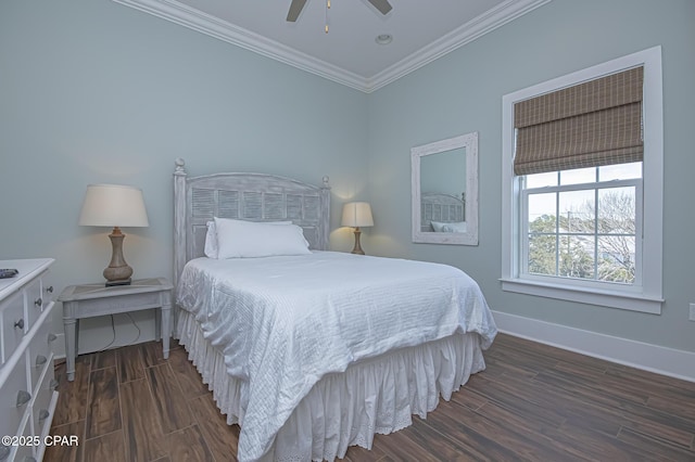 bedroom with ornamental molding, ceiling fan, and dark hardwood / wood-style flooring