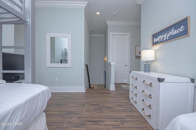 bedroom with dark wood-type flooring, ornamental molding, and access to outside