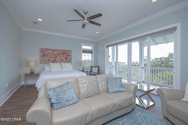 bedroom with access to exterior, wood-type flooring, ornamental molding, and ceiling fan