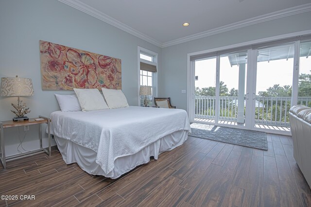 bedroom with ornamental molding, access to outside, ceiling fan, and dark hardwood / wood-style flooring