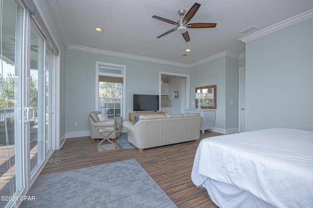 bedroom with crown molding, ceiling fan, dark hardwood / wood-style flooring, and access to exterior