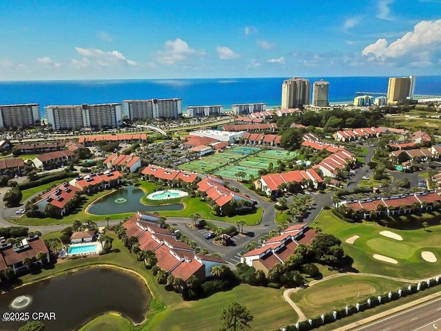 drone / aerial view with a water view