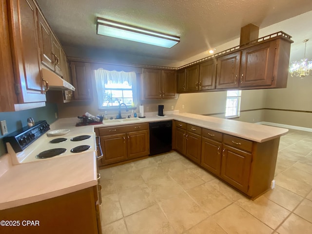 kitchen with sink, electric range oven, black dishwasher, kitchen peninsula, and pendant lighting