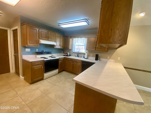 kitchen featuring sink, white electric range, black dishwasher, a textured ceiling, and kitchen peninsula