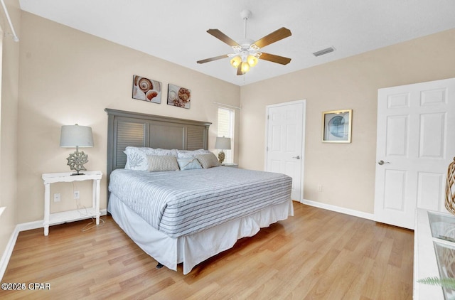 bedroom with light hardwood / wood-style floors and ceiling fan