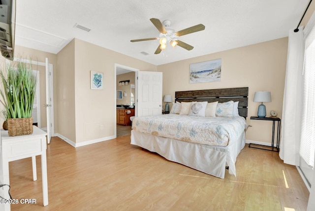 bedroom with ceiling fan and light wood-type flooring