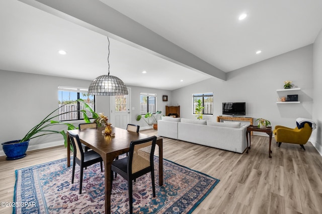 112 S Palo Alto Ave, Panama City, FL 32401 - dining area featuring baseboards, vaulted ceiling with beams, recessed lighting, and light wood-style floors