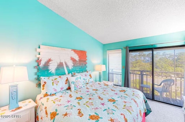 carpeted bedroom featuring lofted ceiling, access to outside, and a textured ceiling