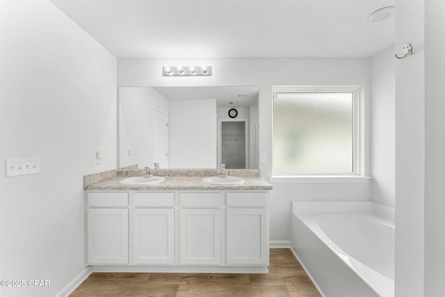 bathroom featuring hardwood / wood-style flooring, vanity, and a washtub