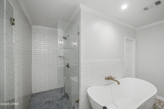 bathroom featuring independent shower and bath, crown molding, and tile walls