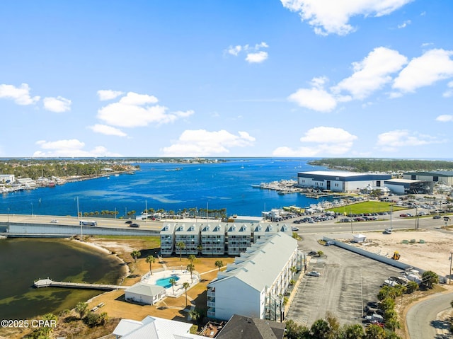 aerial view featuring a water view
