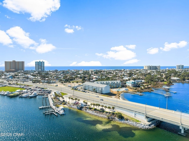 drone / aerial view with a water view