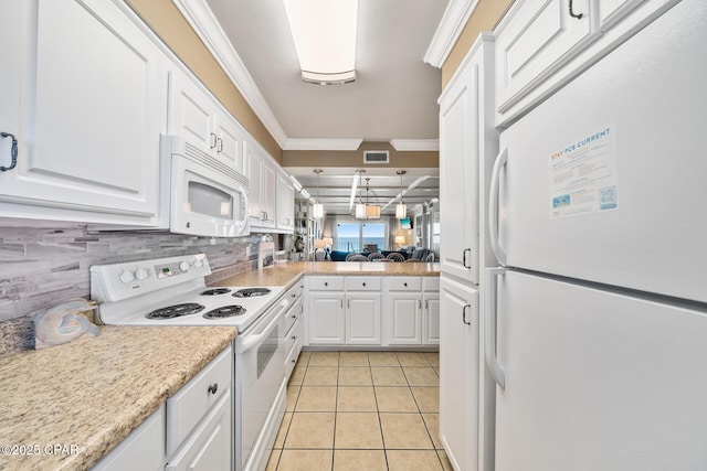 kitchen with white cabinetry, white appliances, visible vents, and ornamental molding