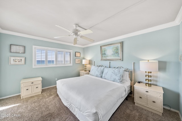 carpeted bedroom with a ceiling fan, crown molding, and baseboards