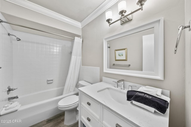 full bathroom featuring shower / bath combo, toilet, wood finished floors, crown molding, and vanity