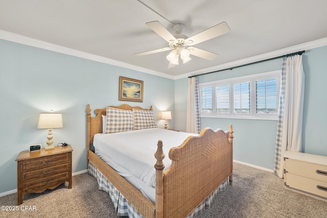 carpeted bedroom with baseboards, ceiling fan, and crown molding