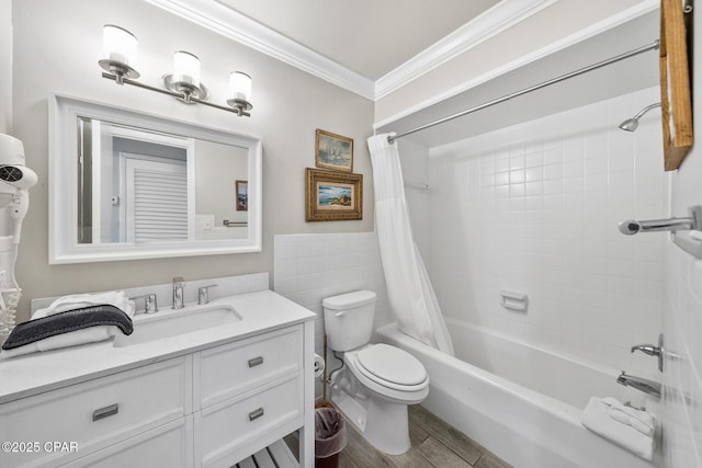 full bath with toilet, wood finished floors, shower / tub combo with curtain, crown molding, and vanity