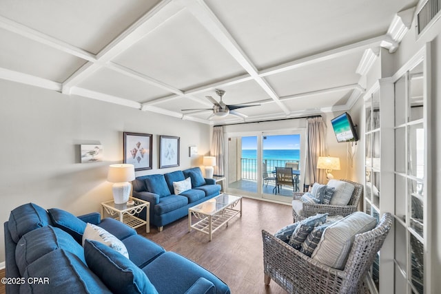 living room with ceiling fan, coffered ceiling, wood finished floors, visible vents, and beamed ceiling