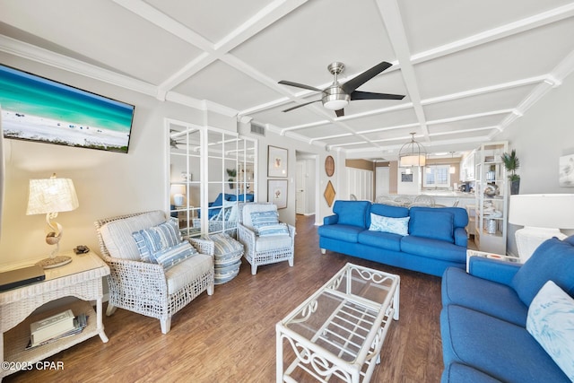 living room with coffered ceiling, wood finished floors, visible vents, a ceiling fan, and beam ceiling