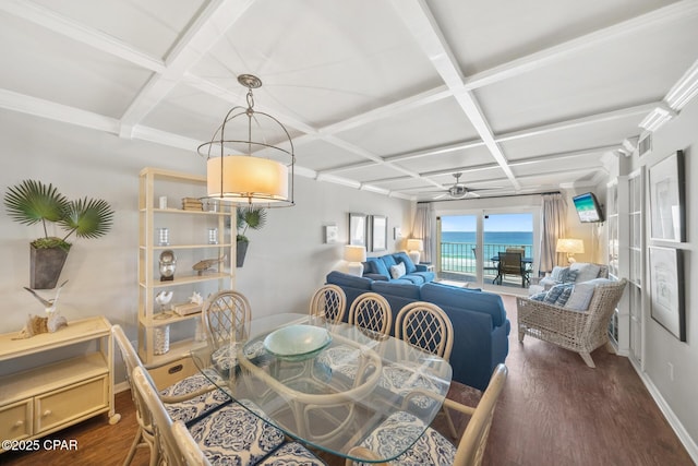 dining area with beam ceiling, dark wood-type flooring, a ceiling fan, coffered ceiling, and baseboards