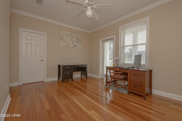 office with crown molding, light hardwood / wood-style flooring, and ceiling fan