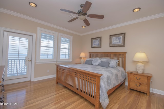 bedroom featuring access to exterior, crown molding, light hardwood / wood-style floors, and ceiling fan