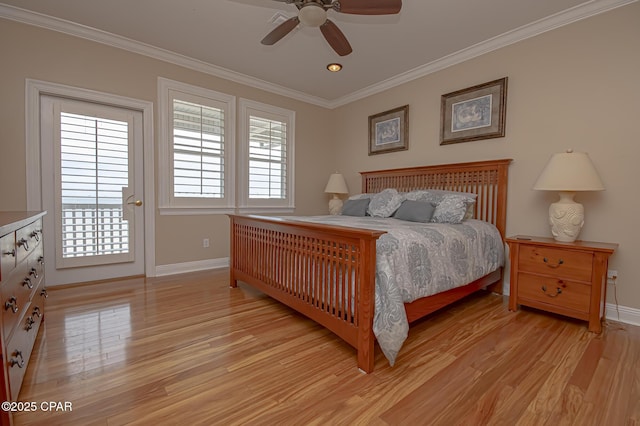 bedroom with crown molding, ceiling fan, light hardwood / wood-style flooring, and access to outside