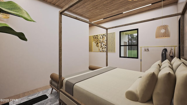 bedroom with wood-type flooring and wood ceiling