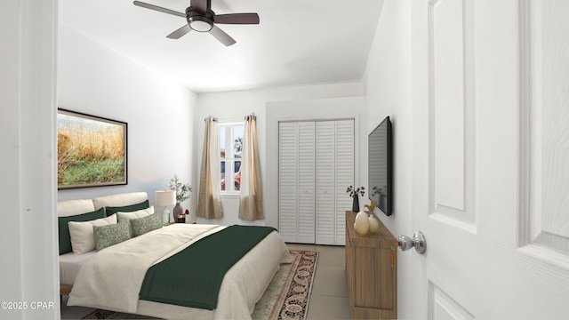 bedroom featuring a ceiling fan and tile patterned floors