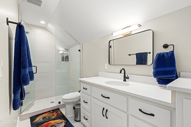 bathroom with walk in shower, lofted ceiling, toilet, and vanity