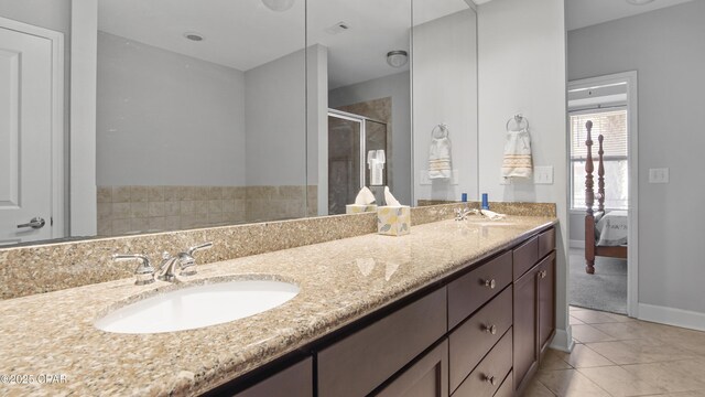 bathroom with independent shower and bath, vanity, and tile patterned floors