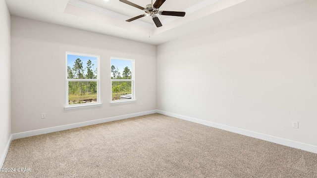 carpeted spare room featuring ceiling fan, ornamental molding, and a tray ceiling