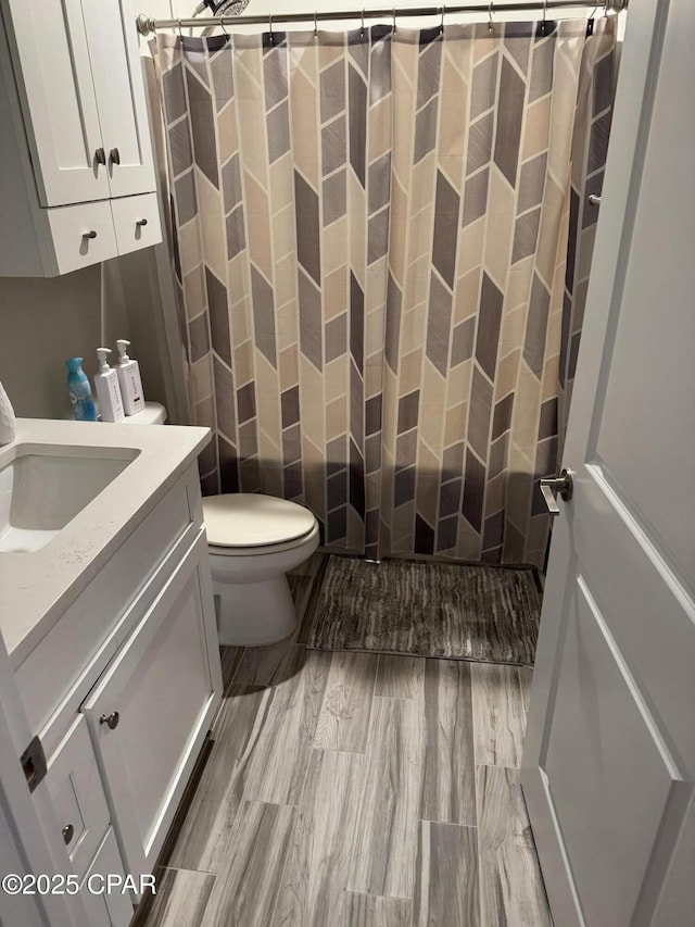 bathroom featuring vanity, toilet, and curtained shower