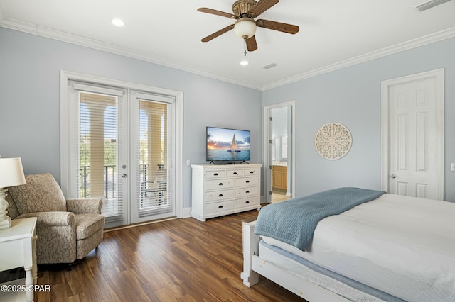 bedroom with visible vents, dark wood finished floors, access to outside, crown molding, and french doors