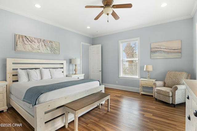 bedroom with recessed lighting, a ceiling fan, baseboards, ornamental molding, and dark wood finished floors