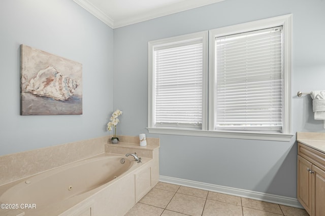 bathroom featuring a jetted tub, tile patterned flooring, baseboards, and crown molding