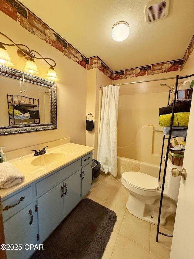 bathroom featuring tile patterned floors, visible vents, toilet, shower / bath combo, and vanity