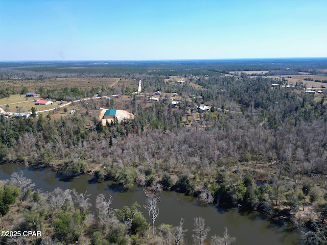 drone / aerial view featuring a wooded view