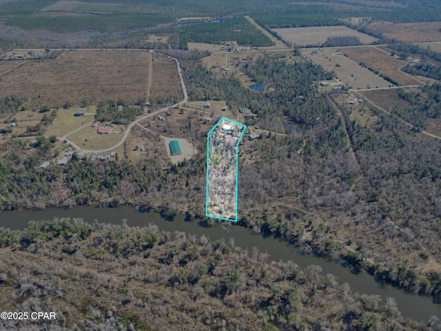 bird's eye view with a rural view and a water view