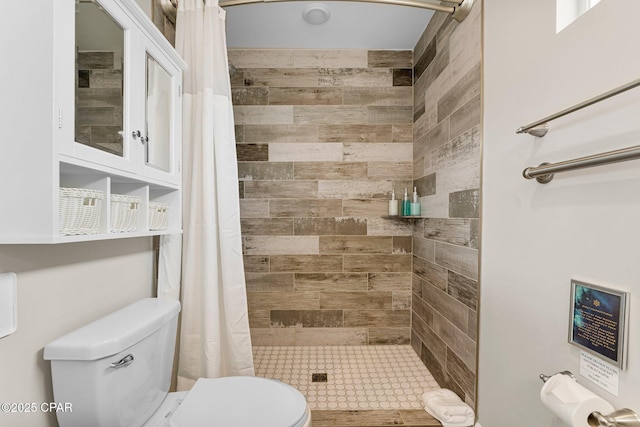 bathroom with a stall shower and toilet