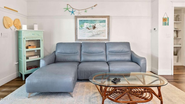 living room featuring dark wood-type flooring and built in features