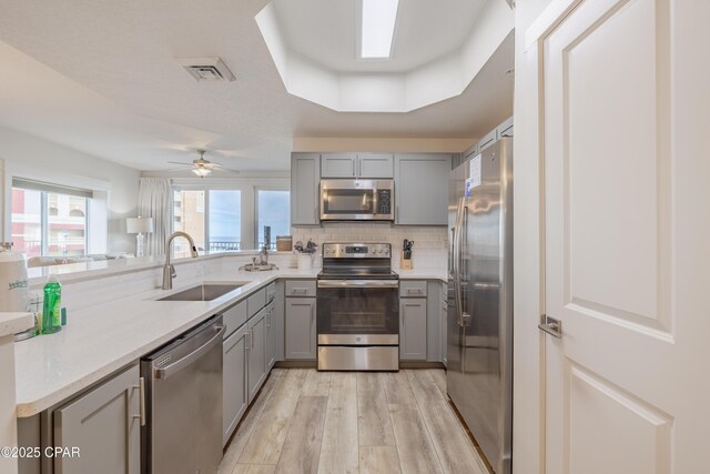 kitchen with sink, gray cabinets, a raised ceiling, stainless steel appliances, and light hardwood / wood-style floors